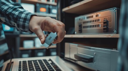 A young entrepreneur in a startup office, storing a USB drive with critical data in a safe with minimalist background