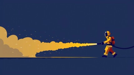  Minimalist illustration of a firefighter with a hose, crimson background, white water stream, art, simple, geometric, minimalistic