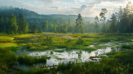 Fototapeta premium Panoramic lowlands with soft green meadows and tall picture