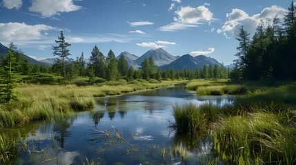 Panoramic lowlands with soft green meadows and tall img