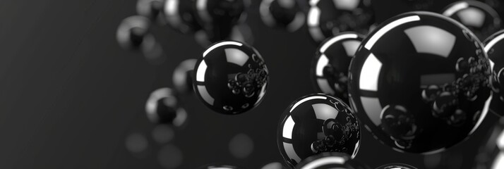 Abstract 3D background with flying balls in black, shiny balls are varnished, black background, space for text