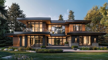 Fototapeta premium A large house with a lot of windows and a large front porch