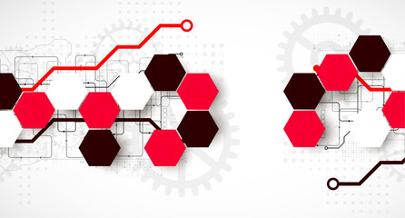 Gear wheel technology background with hexagons. Hand drawn vector.