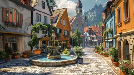 Fototapeta premium A city street with a fountain in the middle and a clock tower in the background