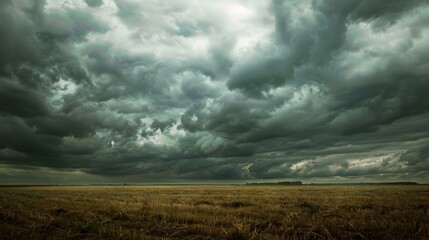 Fototapeta premium Thick gray clouds gathering over a field before