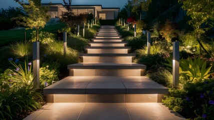 Obraz premium Modern gardening landscaping design details. Illuminated pathway in front of residential house. Landscape garden with ambient lighting system installation highlighting flowers plants