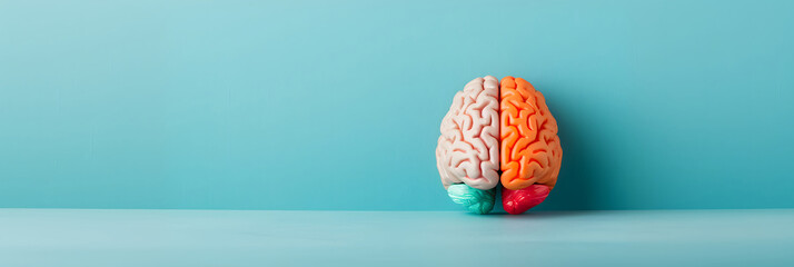 Colorful brain model on blue background. Conceptual image representing brain functions, neuroscience, cognitive science, and mental health.