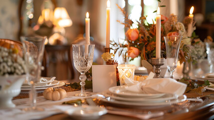 Elegant dining table setting with candles and floral centerpiece in a cozy, warm-lit environment, perfect for celebrations or gatherings.