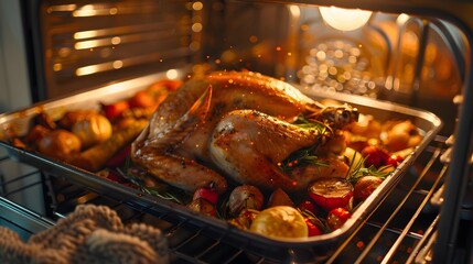 Golden roasted turkey with vegetables baking in the oven, ready for a delicious Thanksgiving or holiday dinner.