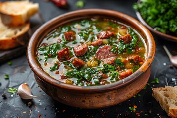 Hearty Sausage and Kale Soup in Rustic Bowl