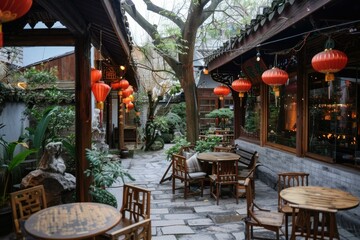 Fototapeta premium Wooden tables and chairs standing on a stone floor on a cozy patio surrounded by green plants and red lanterns