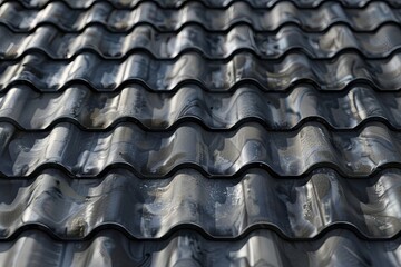 Black corrugated metal roof tiles with water droplets reflecting the sun