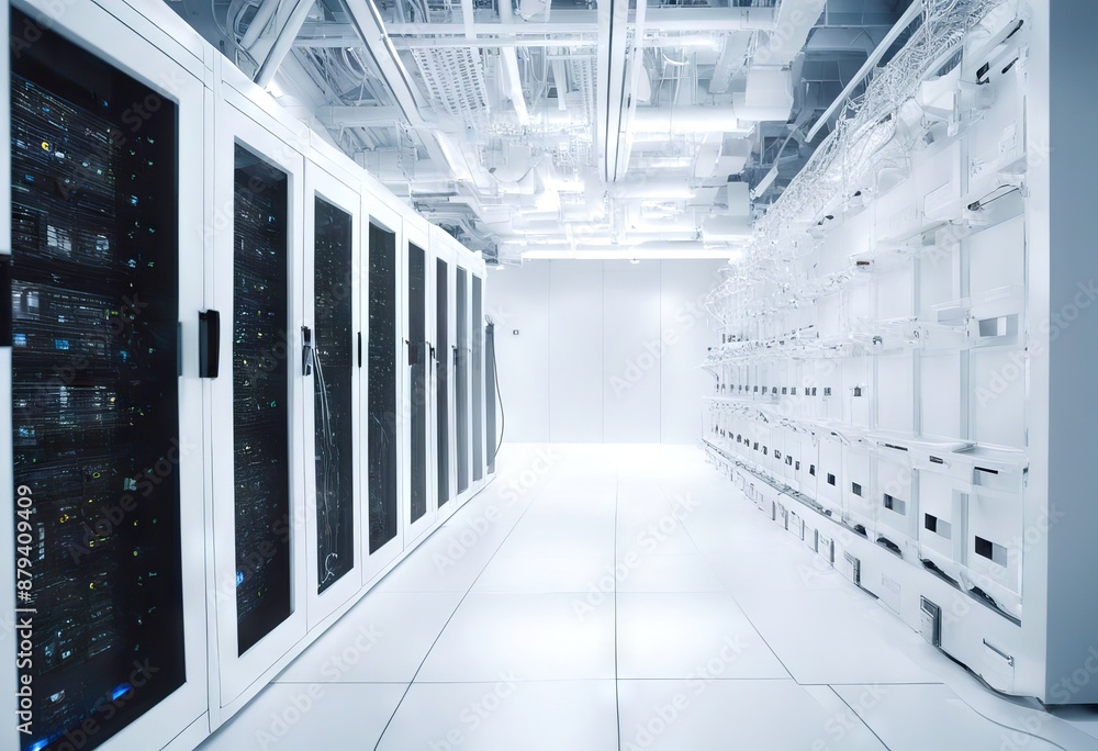 Poster center white data interior datum server room cloud rack farm backup render protocol network