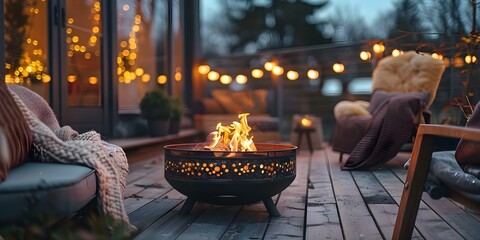 Creating a Warm and Inviting Outdoor Area with Fire Pit and String Lights. Concept Outdoor Design, Fire Pit, String Lights, Cozy Ambiance