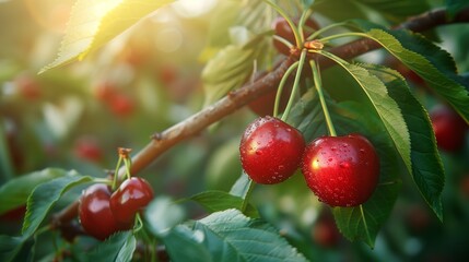 Obraz premium Warm Sunbeams Shining Through Leaves Onto Ripe Red Cherries Creating A Bright Natural Outdoor Setting Filled With Fresh Summer Atmosphere
