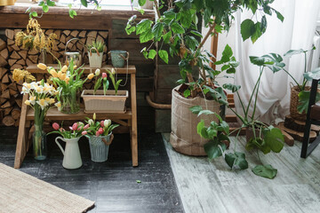 A fragment of the interior with a variety of indoor plants and plaster sculptures. Urban jungle concept. Biophilia design.