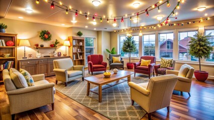 Cozy lounge with plush armchairs, warm lighting, and vibrant decorations, awaiting joyful interactions and meaningful connections between seniors and volunteers.