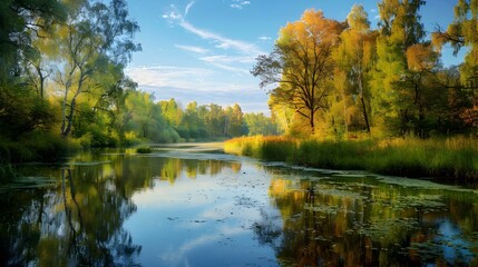 The river meanders among tall maples and oaks