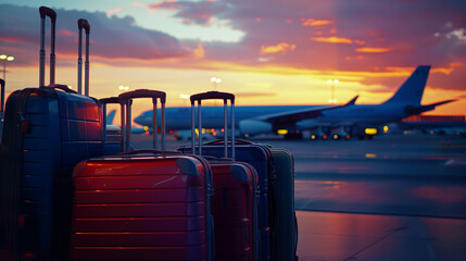 Close up of suitcases at airport with airplane in background during sunset