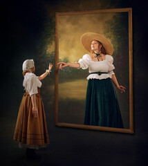 Women in historical attire, one in bonnet and white blouse, other in straw hat and green skirt, interact through large, frame set against vintage textured background. Maid and royal person. Comparison