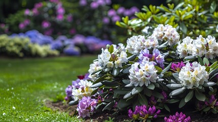 Obraz premium A rhododendron with white and purple flowers decorating picture