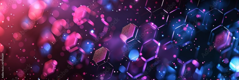Poster abstract hexagonal background in vibrant purple and blue tones with glowing lights and bokeh effect.
