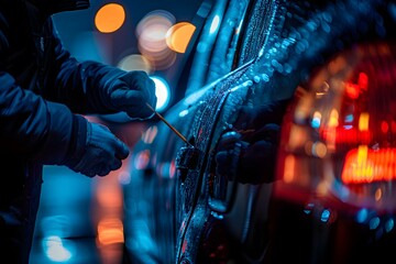 Nighttime Car Theft in Progress Under City Lights