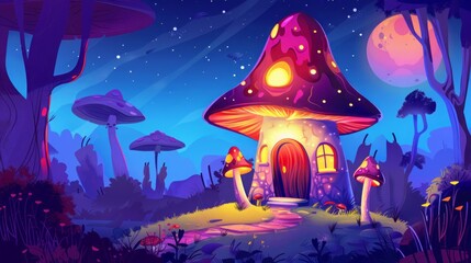 cartoon mushroom house in the night forest.