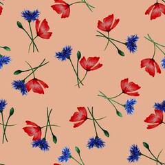 Hand drawn watercolor seamless pattern set with  wildflowers flowers a pink  background 