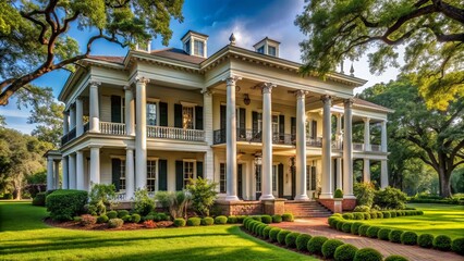 Elegant antebellum-style mansion with grandiose columns, ornate wooden details, and sprawling porch, surrounded by lush greenery and manicured lawn.