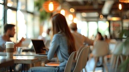 Collaborative Discussion in Modern Co-Working Space with Blurred Background for Text Overlay