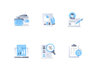 Money and finance - flat design style icons set. High quality colorful images of wallet and cash, statistics, write a check, interest rate, credit history, dollar, investments and deposits idea