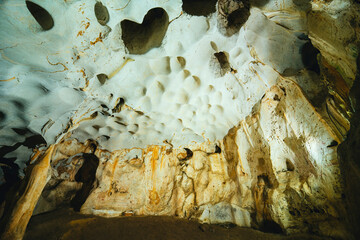 Karain Cave. Interior view of the cave in Antalya, where natural stalactites and stalagmites are...