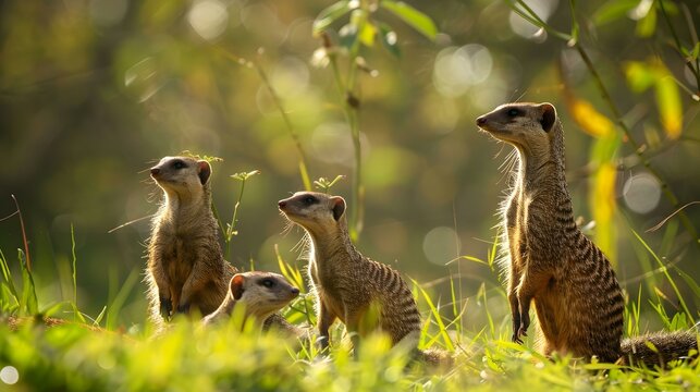 A family of mongooses carefully observing their environment image