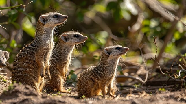 A family of mongooses carefully observing their environment img
