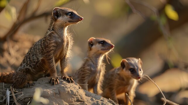 A family of mongooses carefully observing their environment