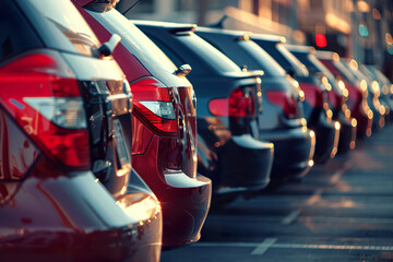 Obraz premium A busy street with many cars and a red car in the middle, generative ai image.