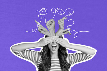 Composite artwork collage image picture of girl cover eyes arms hold string instead head isolated on creative background