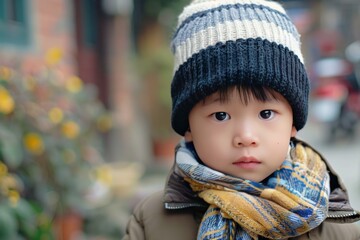 Young child wearing a wool hat and scarf standing outside on a cold day