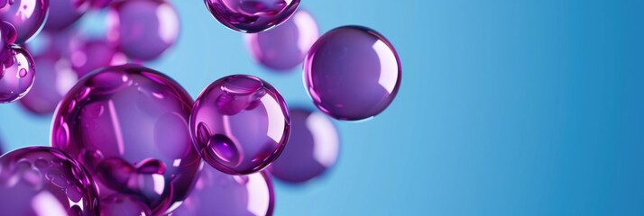 Fototapeta premium Abstract 3D background with flying purple balls, shiny balls varnished, blue background, space for text