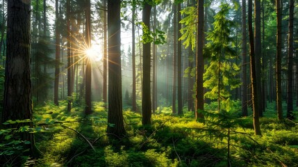 Obraz premium A sunny day among dense spruce trees picture