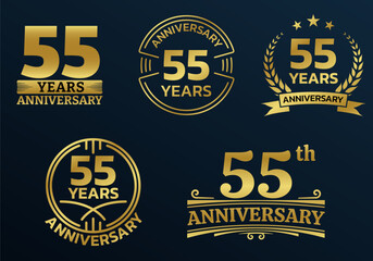 55 years icon or logo set. 55th anniversary celebrating golden sign or stamp. Jubilee, birthday celebration design element. Vector illustration.