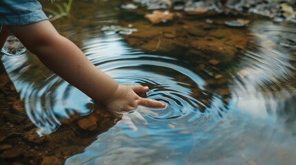 Fototapeta premium Curious Child Exploring the Pond: Young kid reaching out to touch water's surface, pondering nature's wonders.