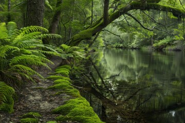A calm riverbank with lush moss and wild ferns growing along the edge. Clear, reflective water with overhanging branches.