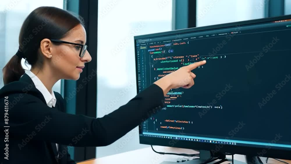 Poster female data scientist enhancing code on desktop in modern office environment