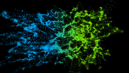 Gradient wavy texture of lines with explosion effect. Abstract, blue and yellow noise technology background. Big data visualization. 3D rendering.