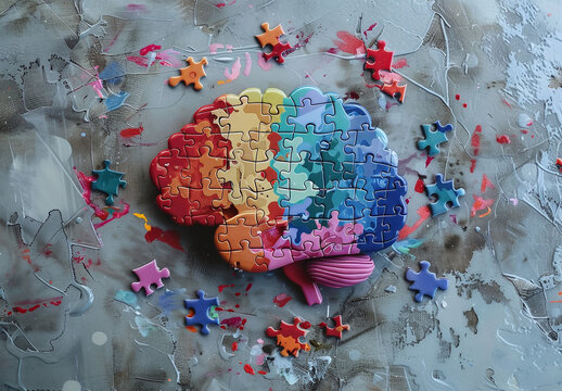 A Colorful Puzzle Piece shaped like the human brain. Against an Isolated Grey Background. - Symbolizing mental health and awareness. 