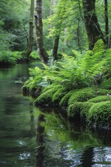 Obraz premium A calm riverbank with lush moss and wild ferns growing along the edge. Clear, reflective water with overhanging branches.