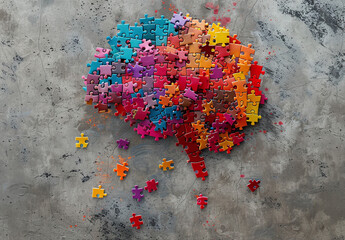 A Colorful Puzzle Piece shaped like the human brain. Against an Isolated Grey Background. - Symbolizing mental health and awareness. 