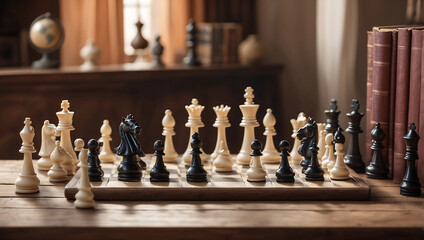International chess day, a chessboard with various white and black chess pieces mid game, placed on an antique wooden table with background is slightly blurred